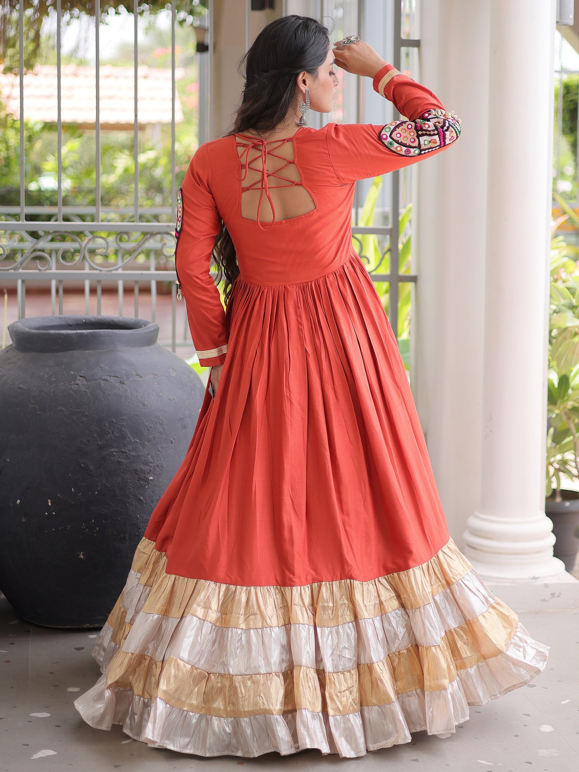 Enchanting Rust Gamthi Work Rayon Navratri Wear Gown