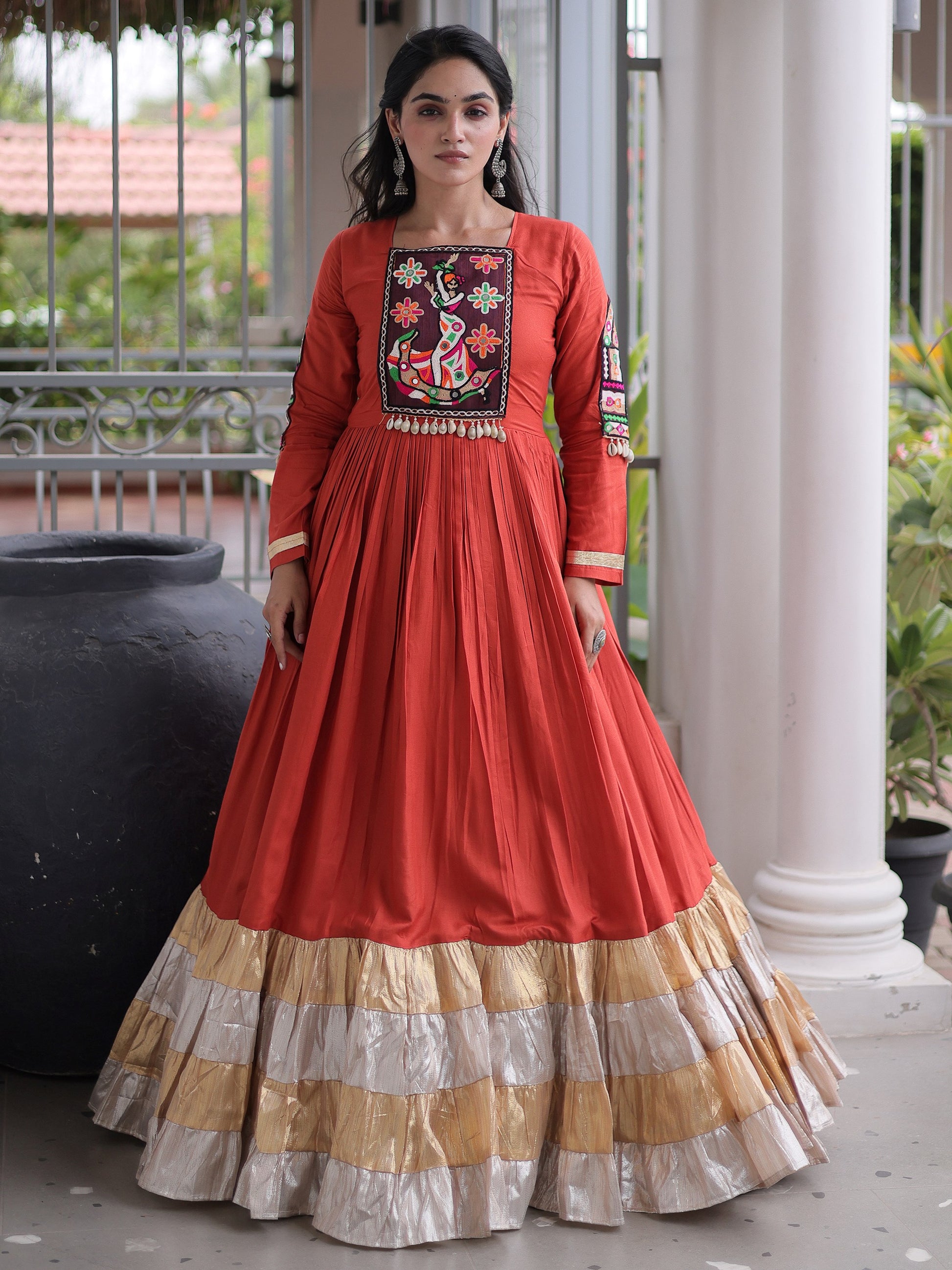 Enchanting Rust Gamthi Work Rayon Navratri Wear Gown