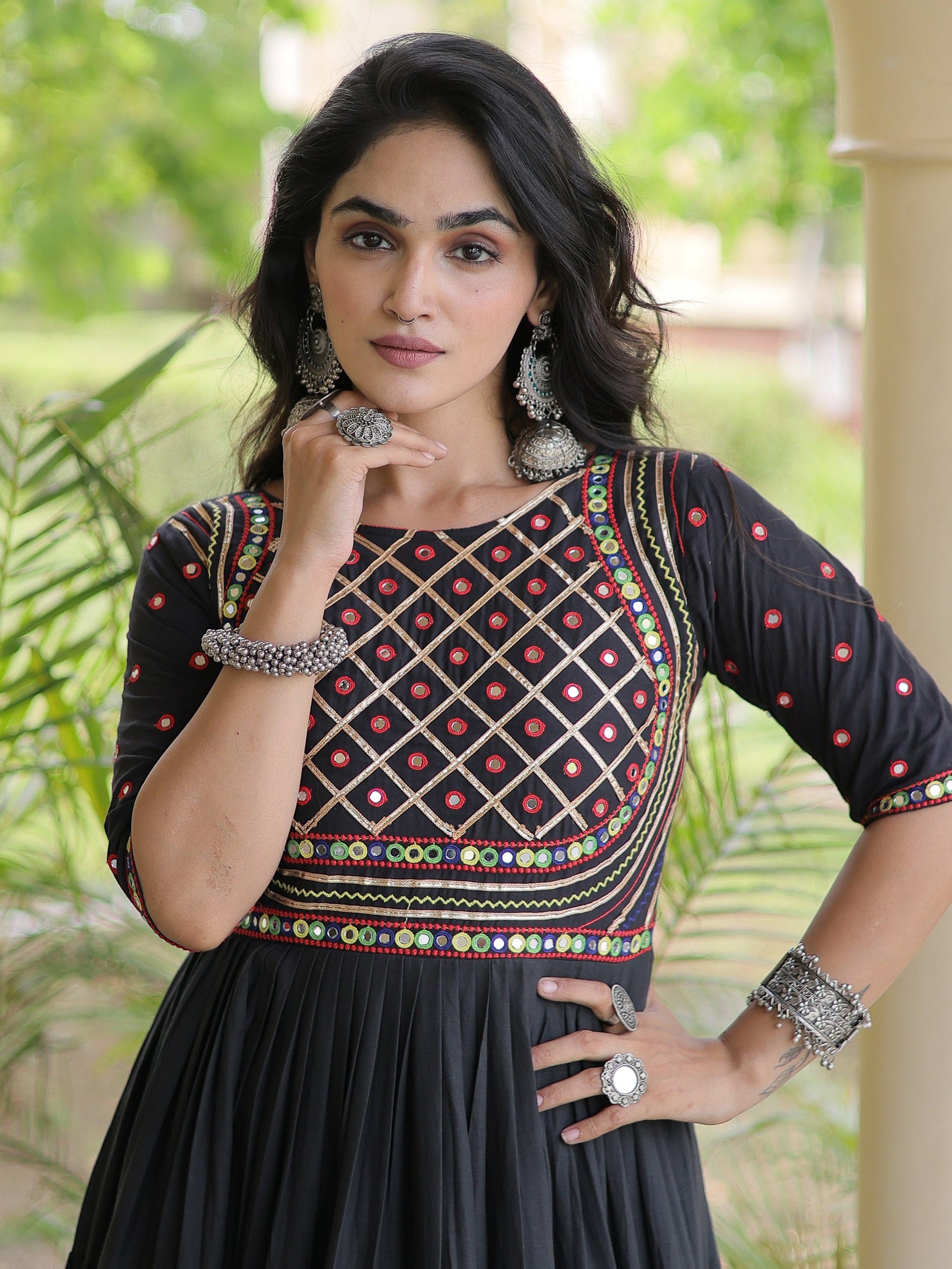 Elegant Black Multi Thread Work Cotton Navratri Wear Gown
