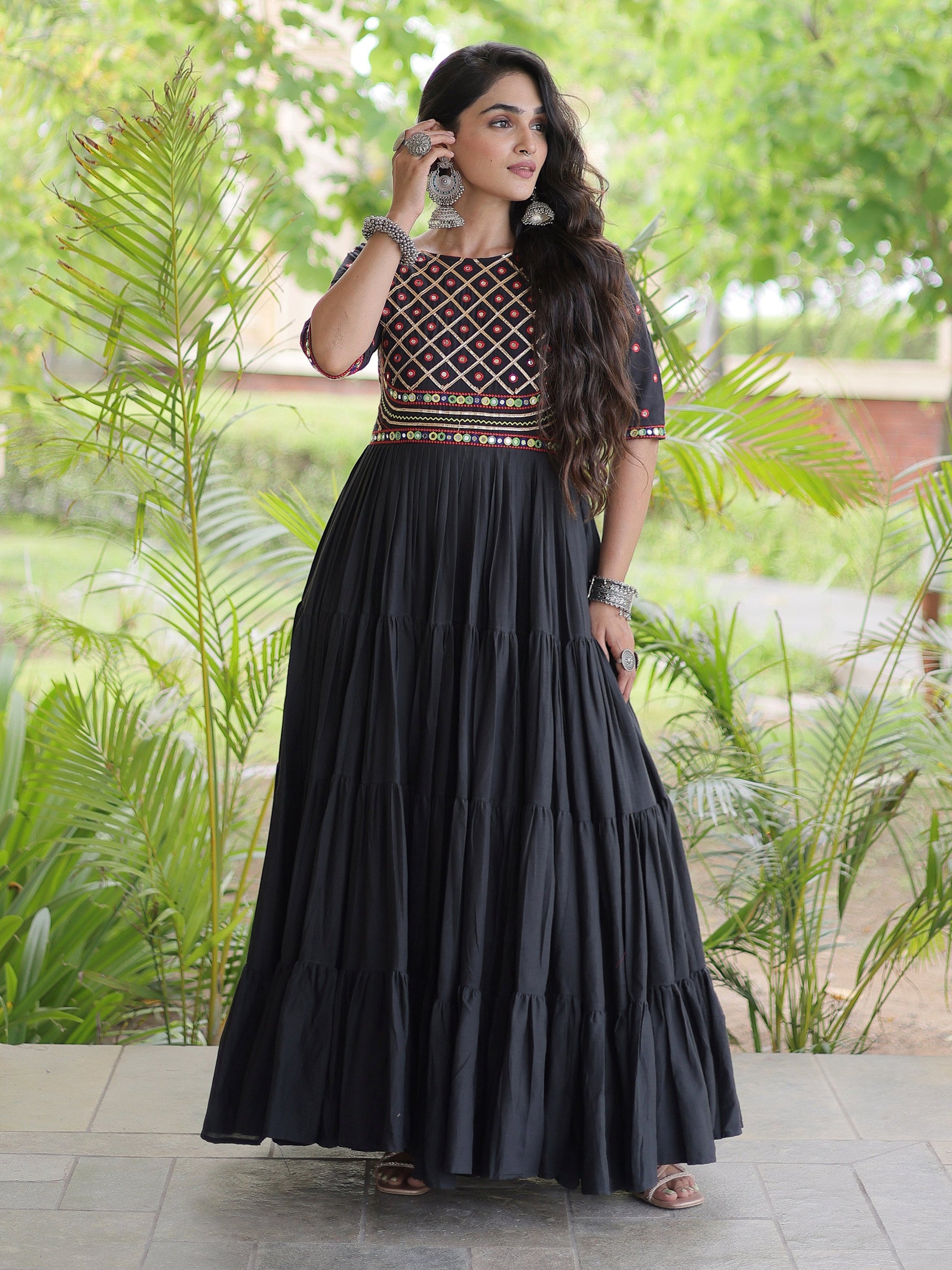Elegant Black Multi Thread Work Cotton Navratri Wear Gown