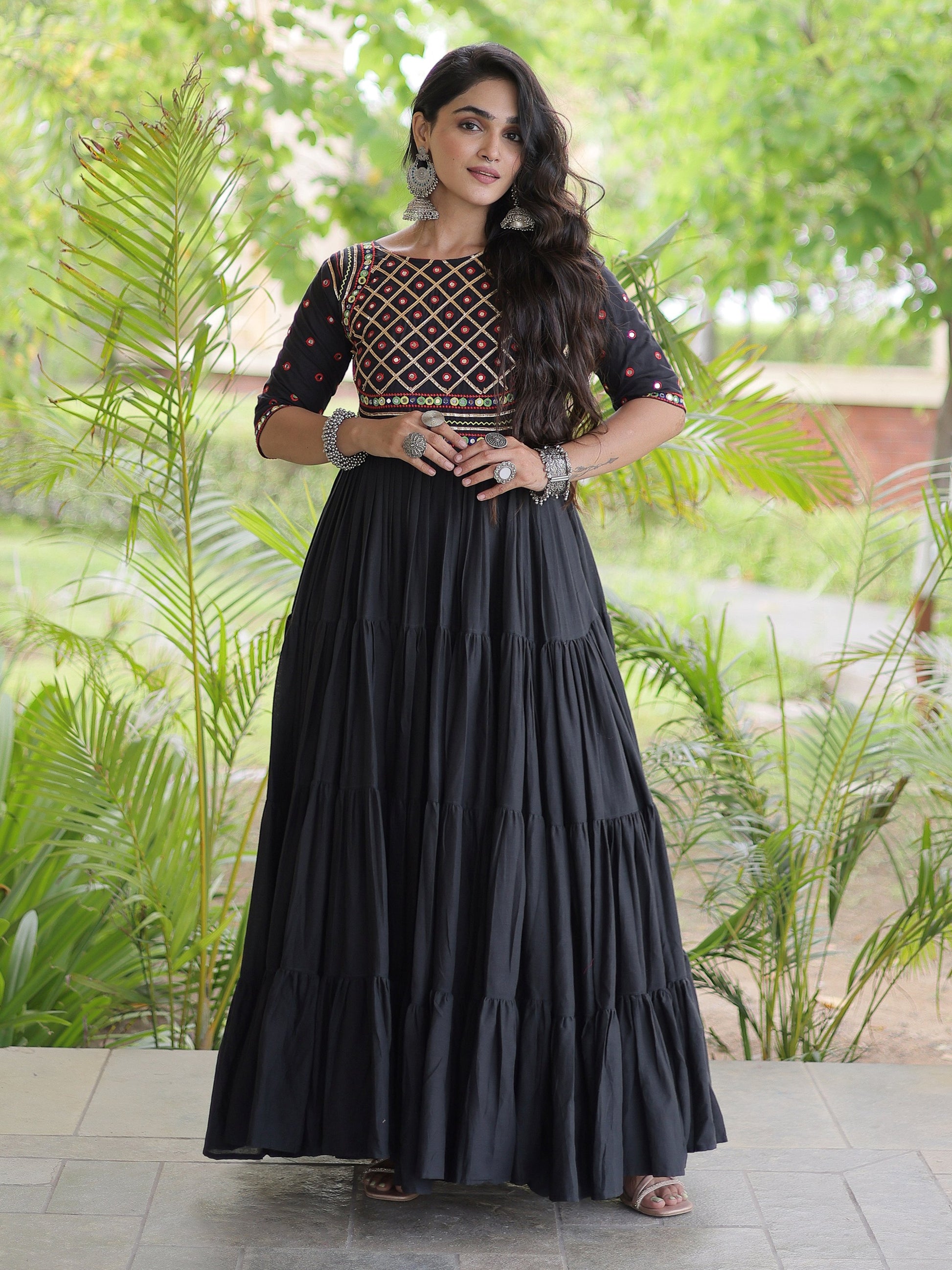 Elegant Black Multi Thread Work Cotton Navratri Wear Gown