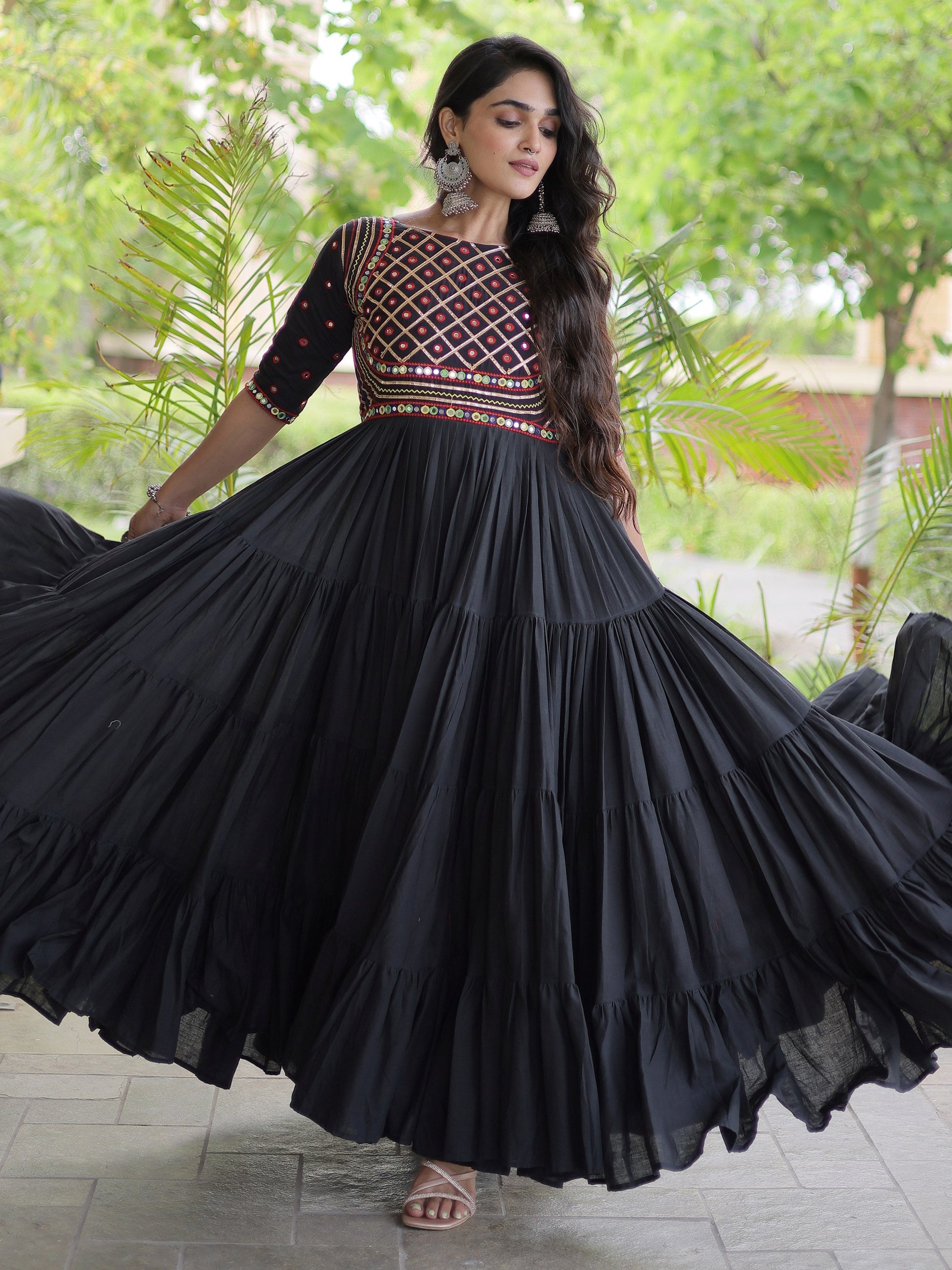 Elegant Black Multi Thread Work Cotton Navratri Wear Gown