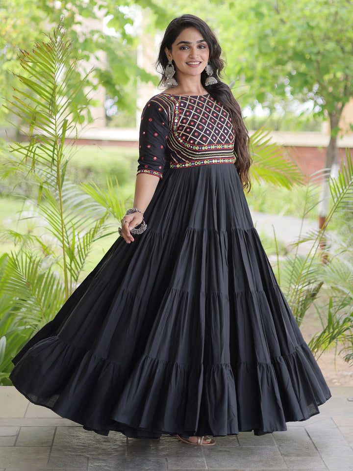 Elegant Black Multi Thread Work Cotton Navratri Wear Gown