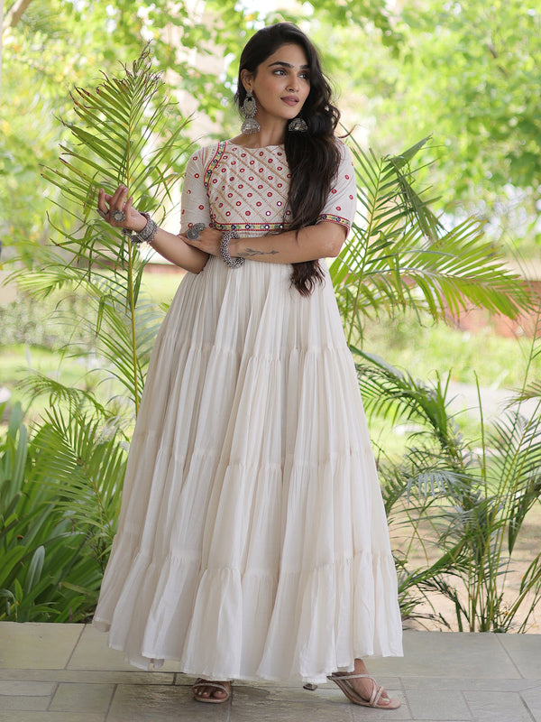 Graceful Off White Mirror Work Cotton Navratri Wear Gown