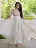 Graceful Off White Mirror Work Cotton Navratri Wear Gown