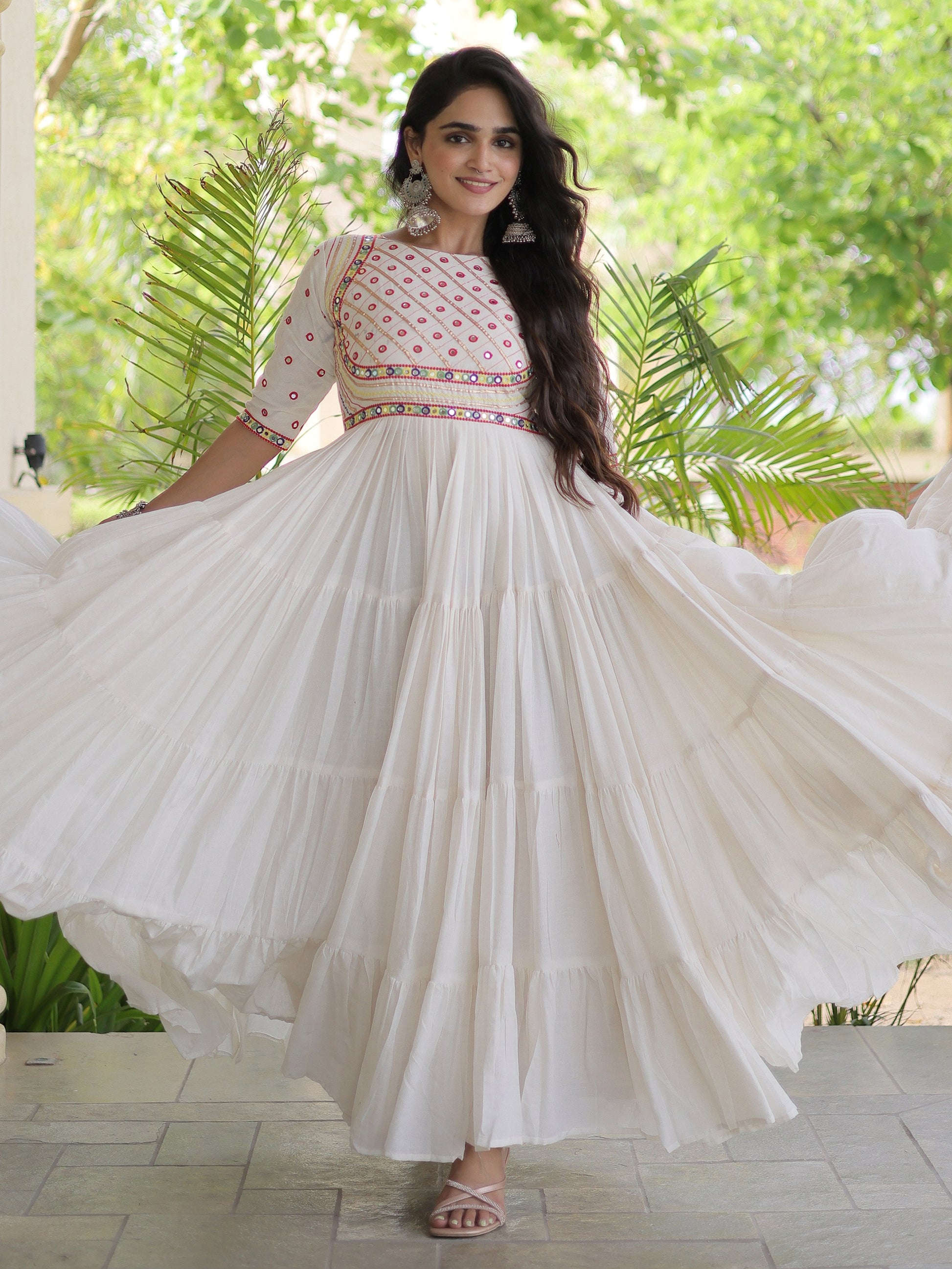 Graceful Off White Mirror Work Cotton Navratri Wear Gown