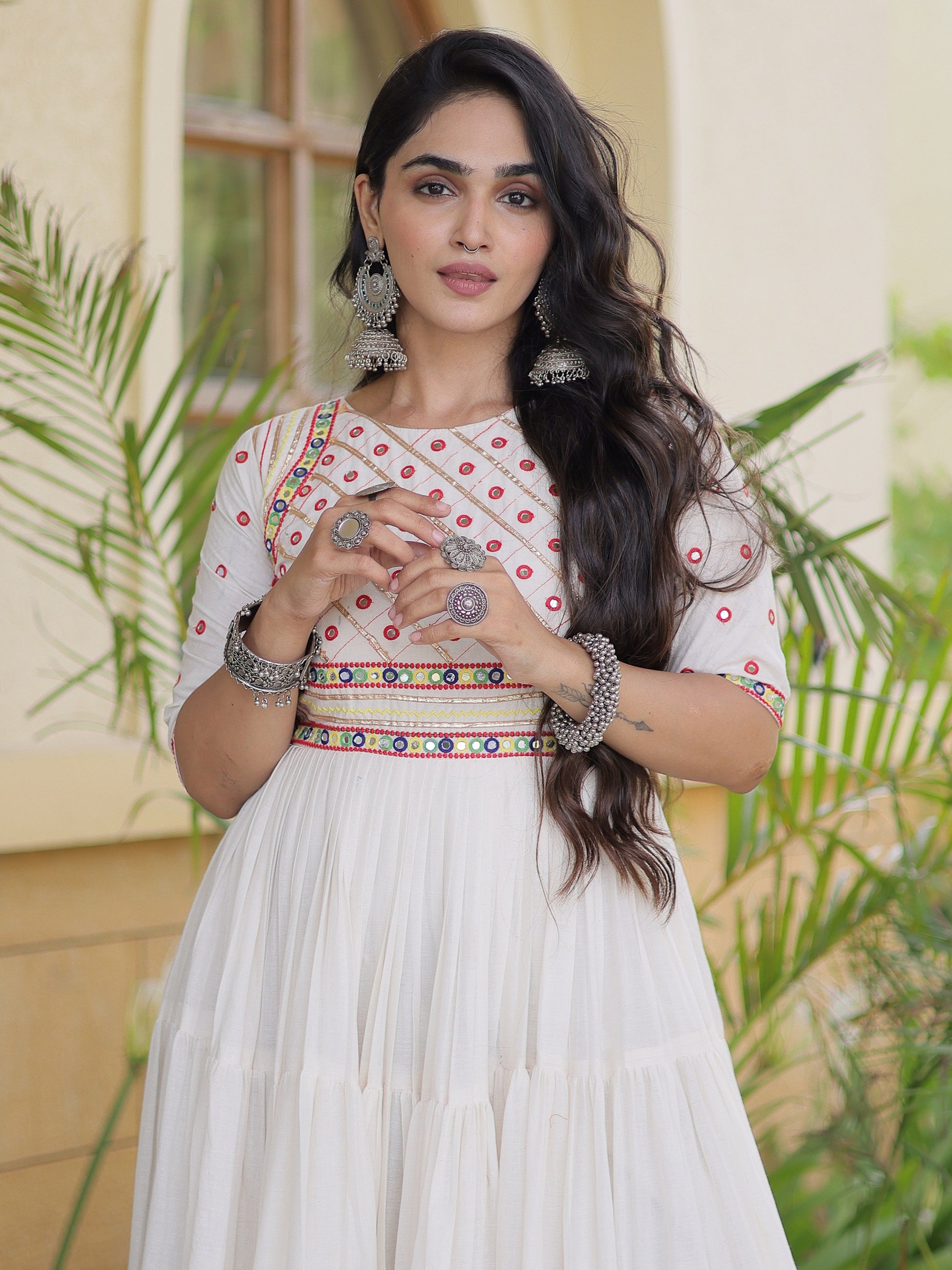 Graceful Off  White Mirror Work Cotton Navratri Wear Gown