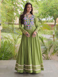 Charming Olive Green Multi Thread Work Cotton Navratri Wear Gown