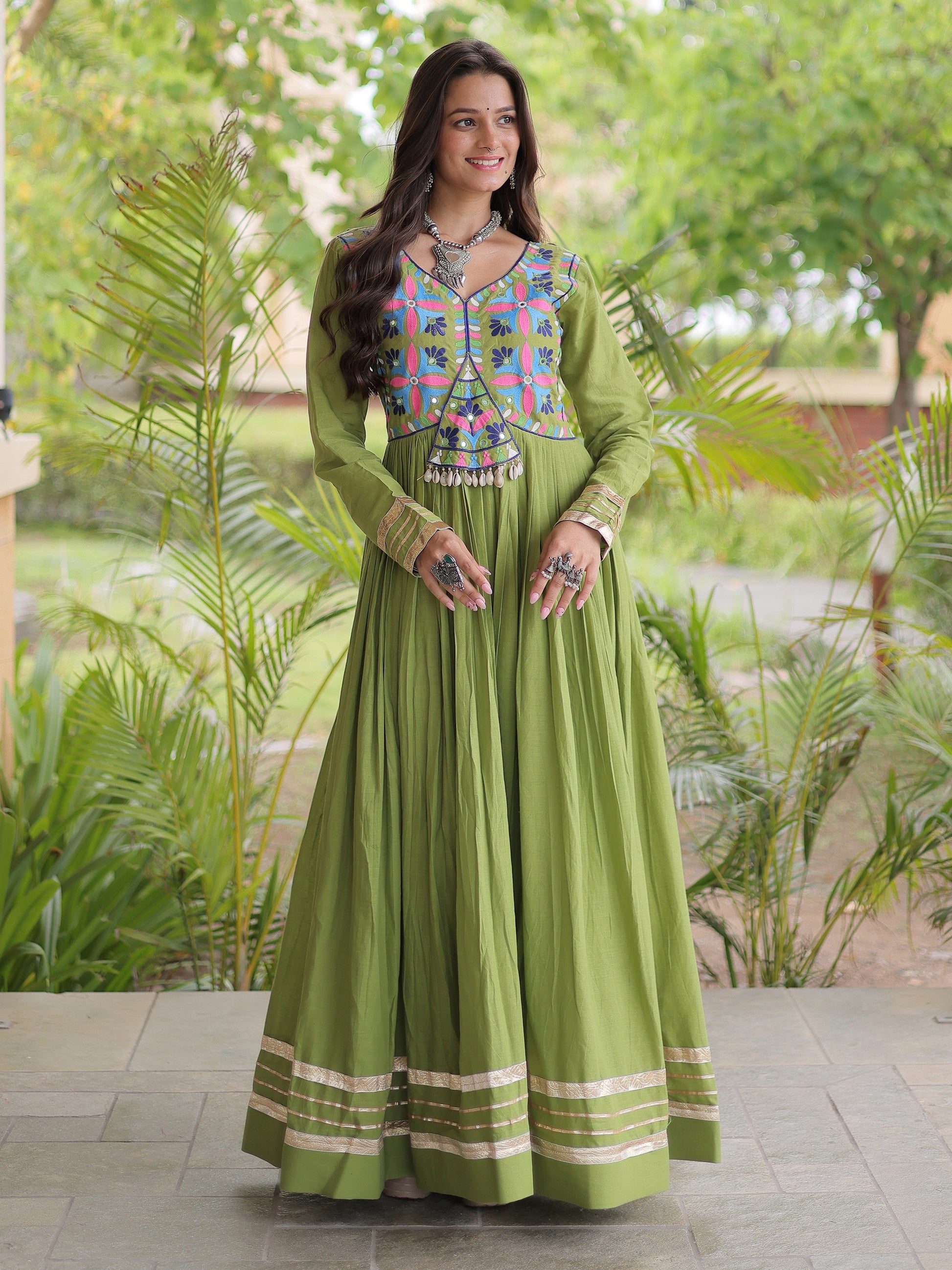 Charming Olive Green Multi Thread Work Cotton Navratri Wear Gown