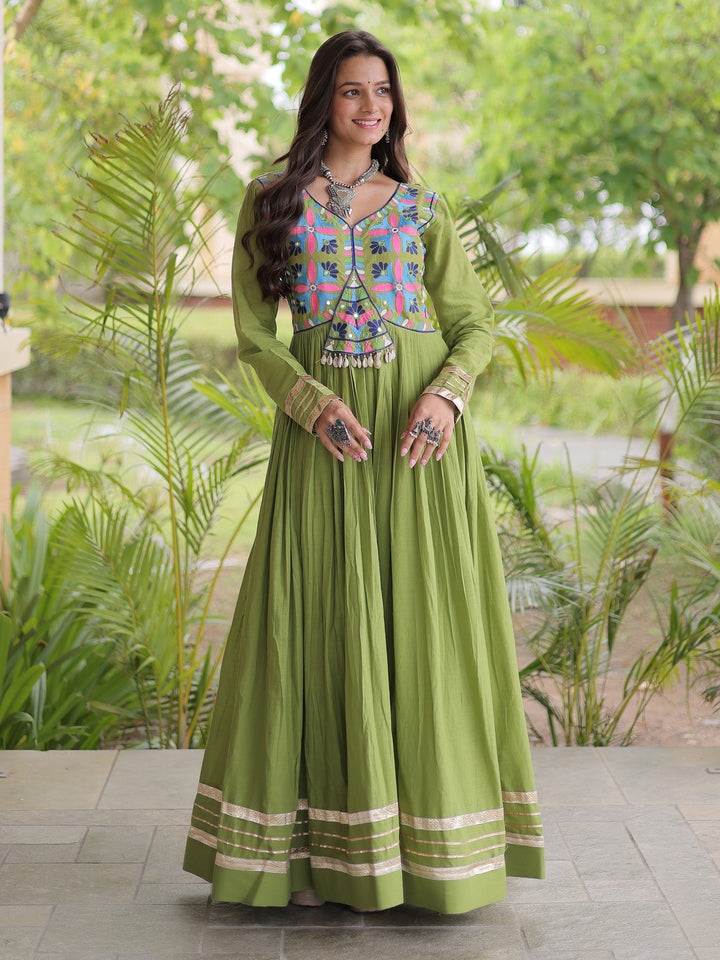 Charming Olive Green Multi Thread Work Cotton Navratri Wear Gown
