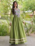 Charming Olive Green Multi Thread Work Cotton Navratri Wear Gown