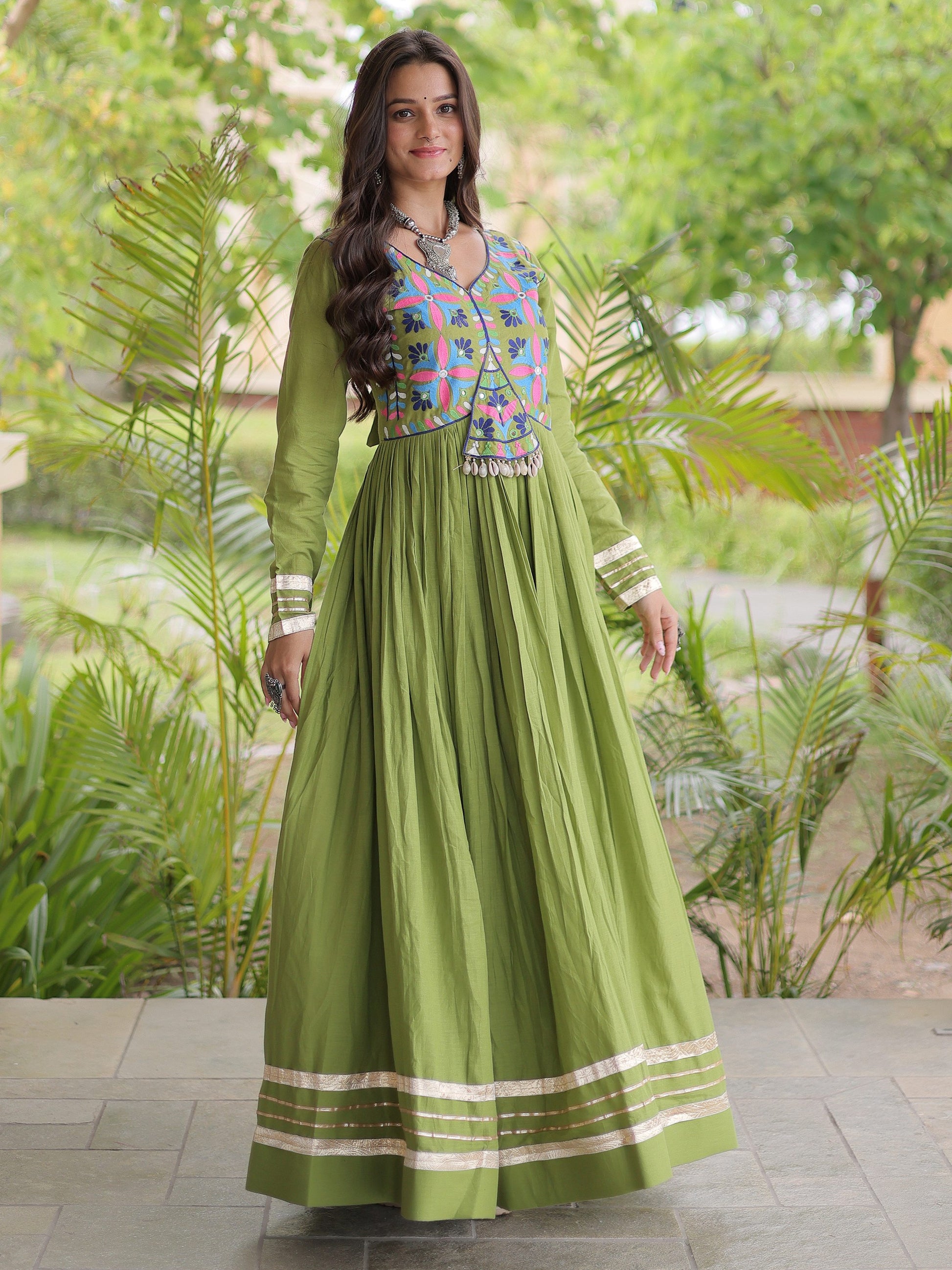 Charming Olive Green Multi Thread Work Cotton Navratri Wear Gown