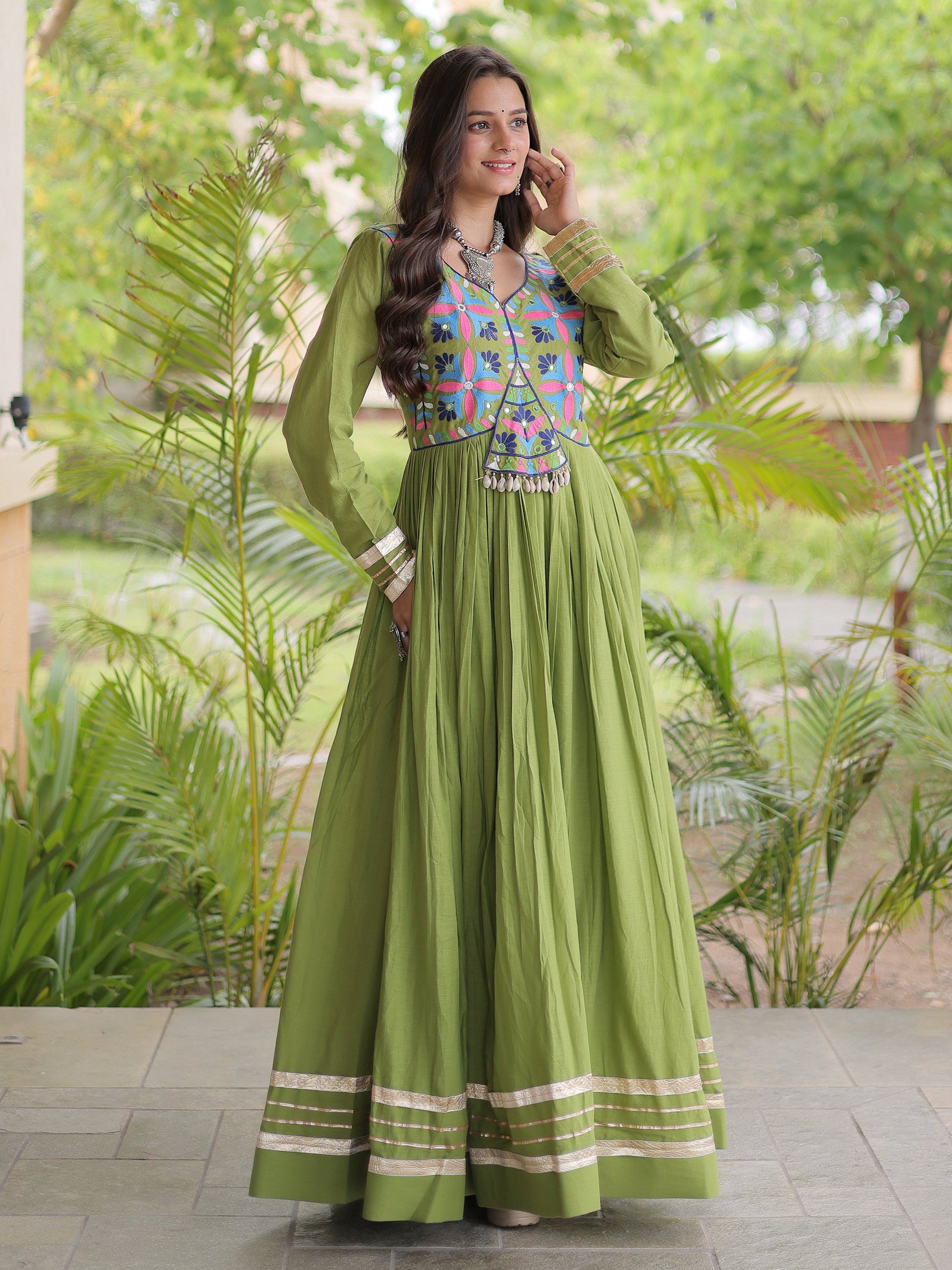 Charming Olive Green Multi Thread Work Cotton Navratri Wear Gown