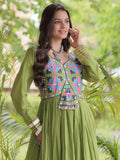 Charming Olive Green Multi Thread Work Cotton Navratri Wear Gown