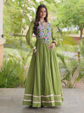 Charming Olive Green Multi Thread Work Cotton Navratri Wear Gown