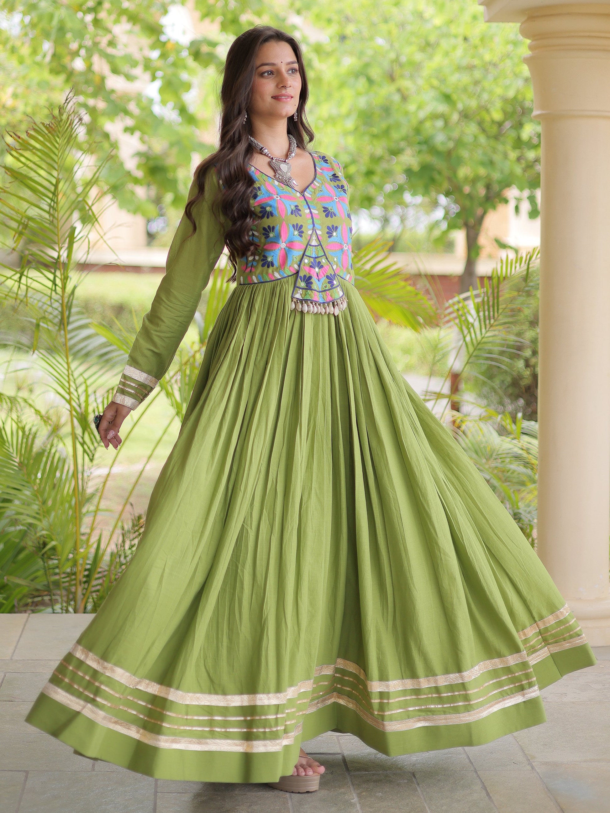 Charming Olive Green Multi Thread Work Cotton Navratri Wear Gown