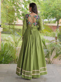 Charming Olive Green Multi Thread Work Cotton Navratri Wear Gown
