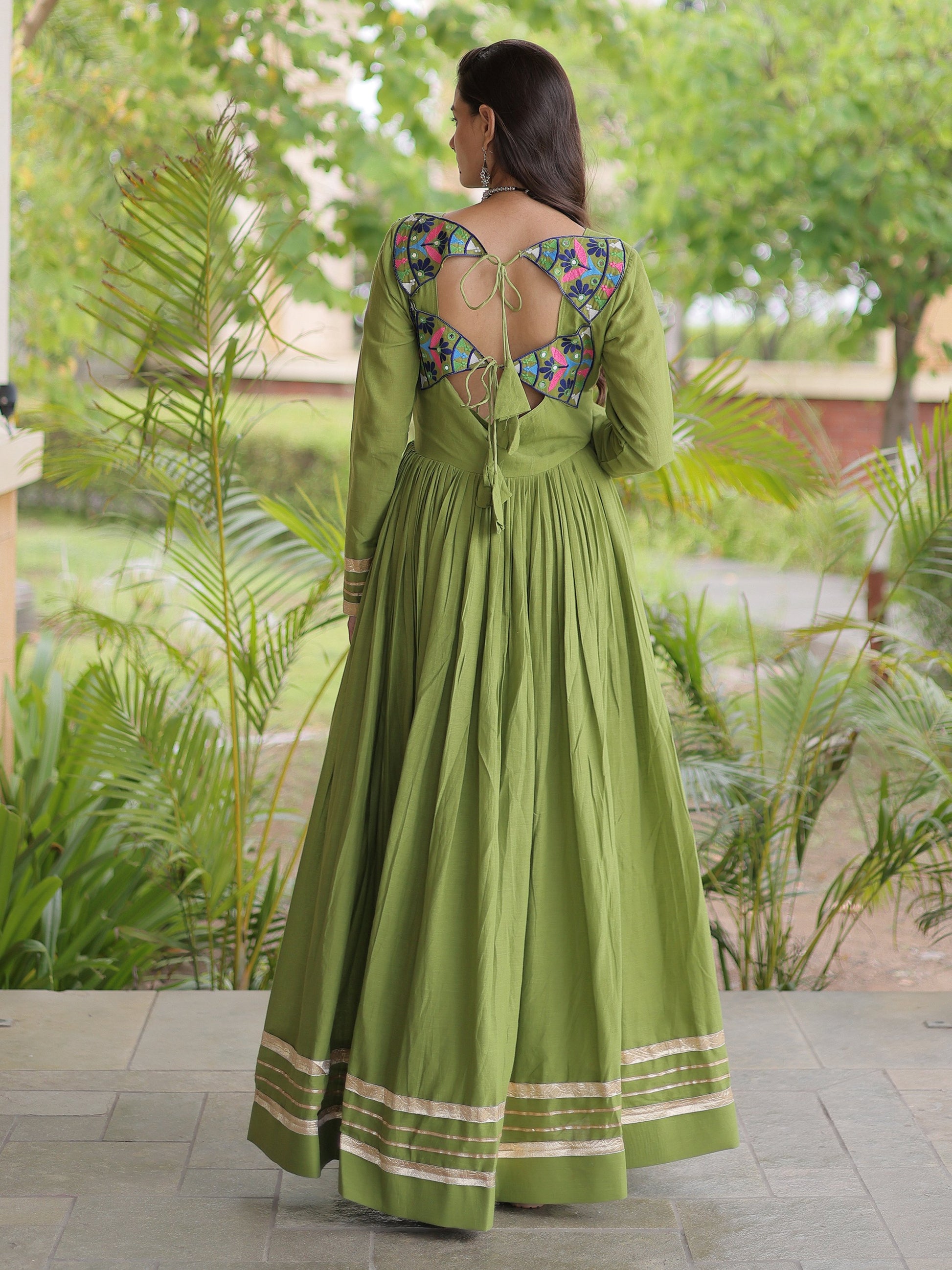 Charming Olive Green Multi Thread Work Cotton Navratri Wear Gown