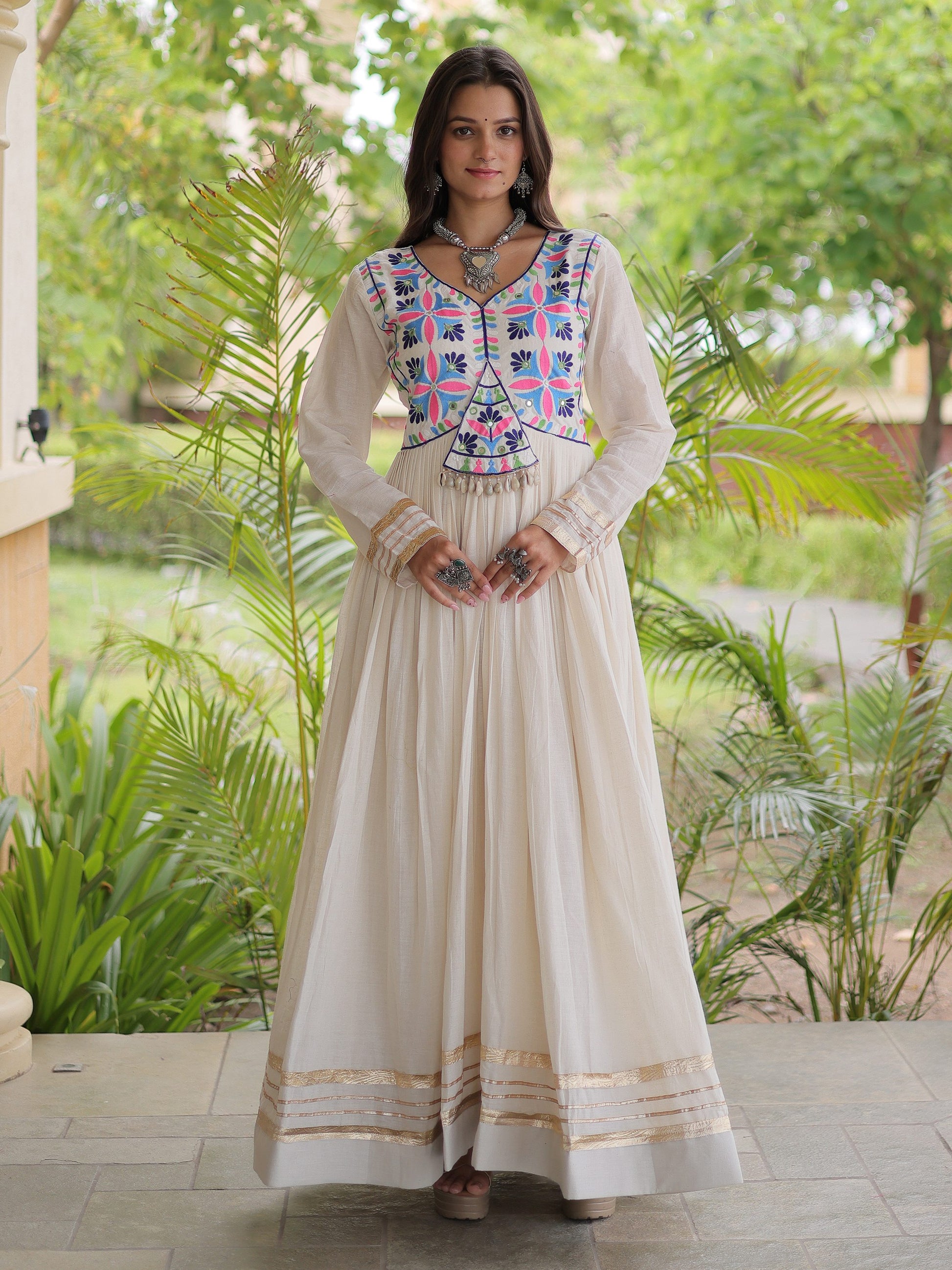 Magnificent Off-White Gota Patti Cotton Navratri Wear Gown