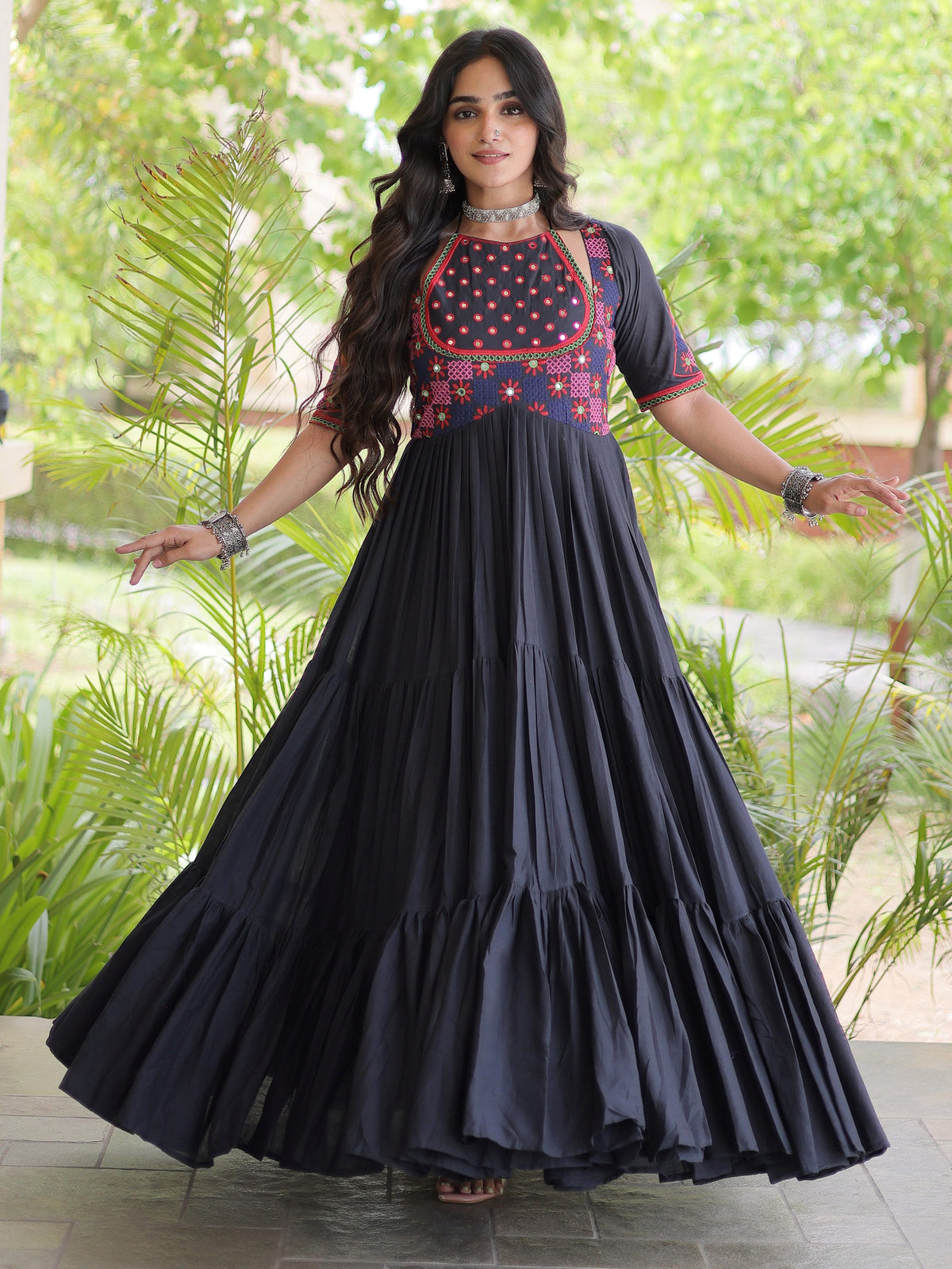 Dazzling Black Mirror Work Cotton Navratri Wear Gown
