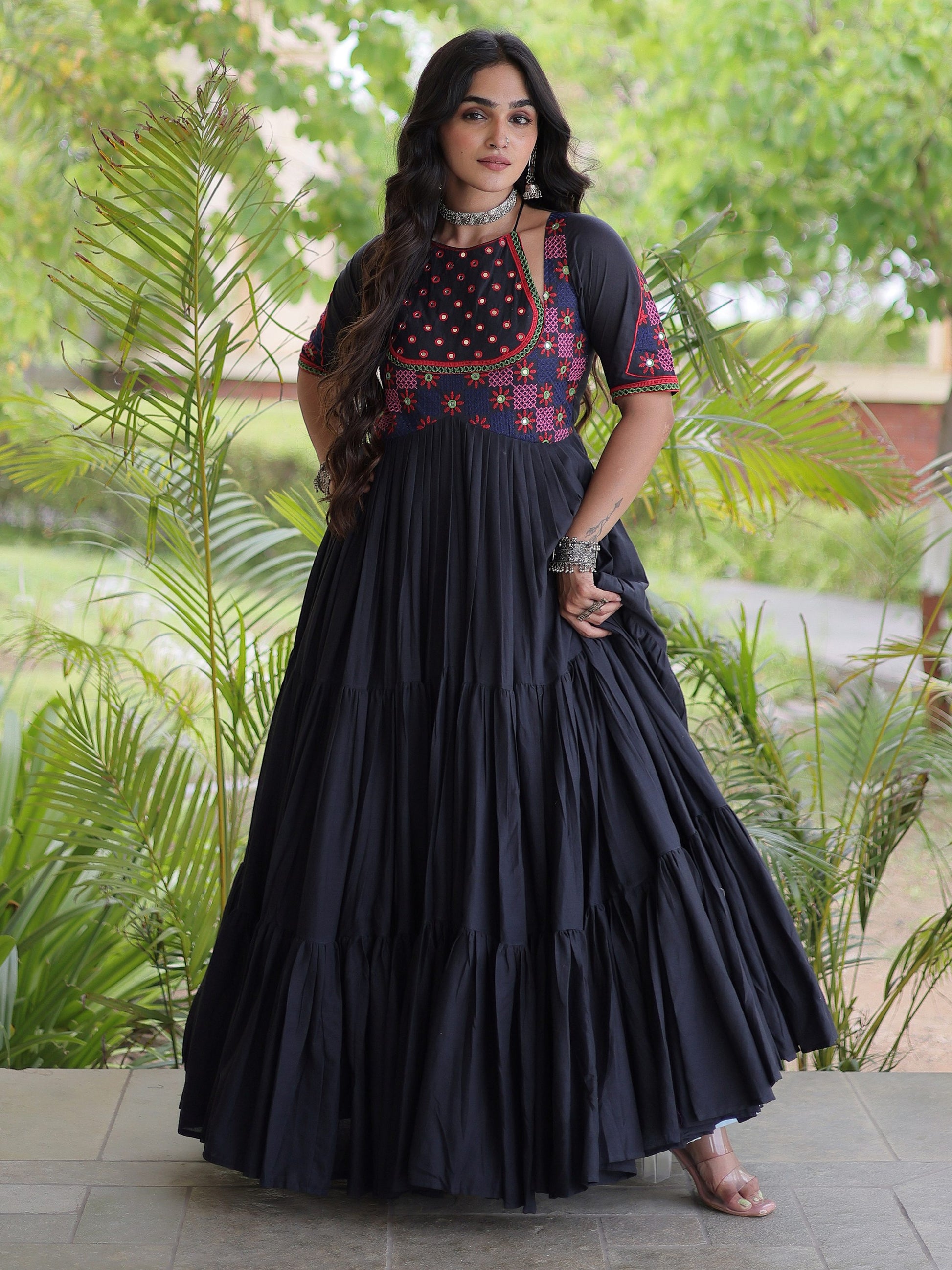 Dazzling Black Mirror Work Cotton Navratri Wear Gown