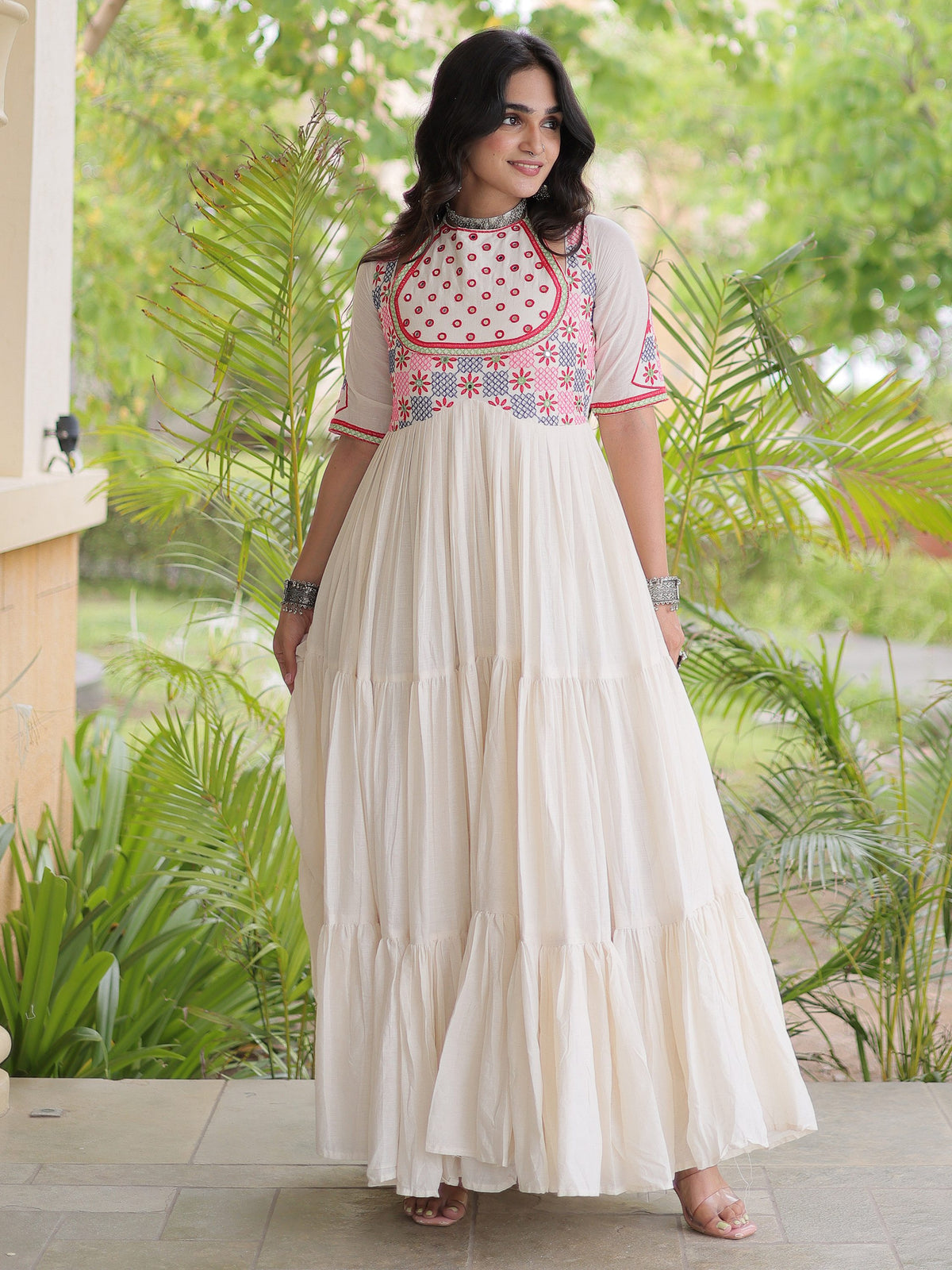 Incredible Off White Thread Embroidered Cotton Navratri Wear Gown