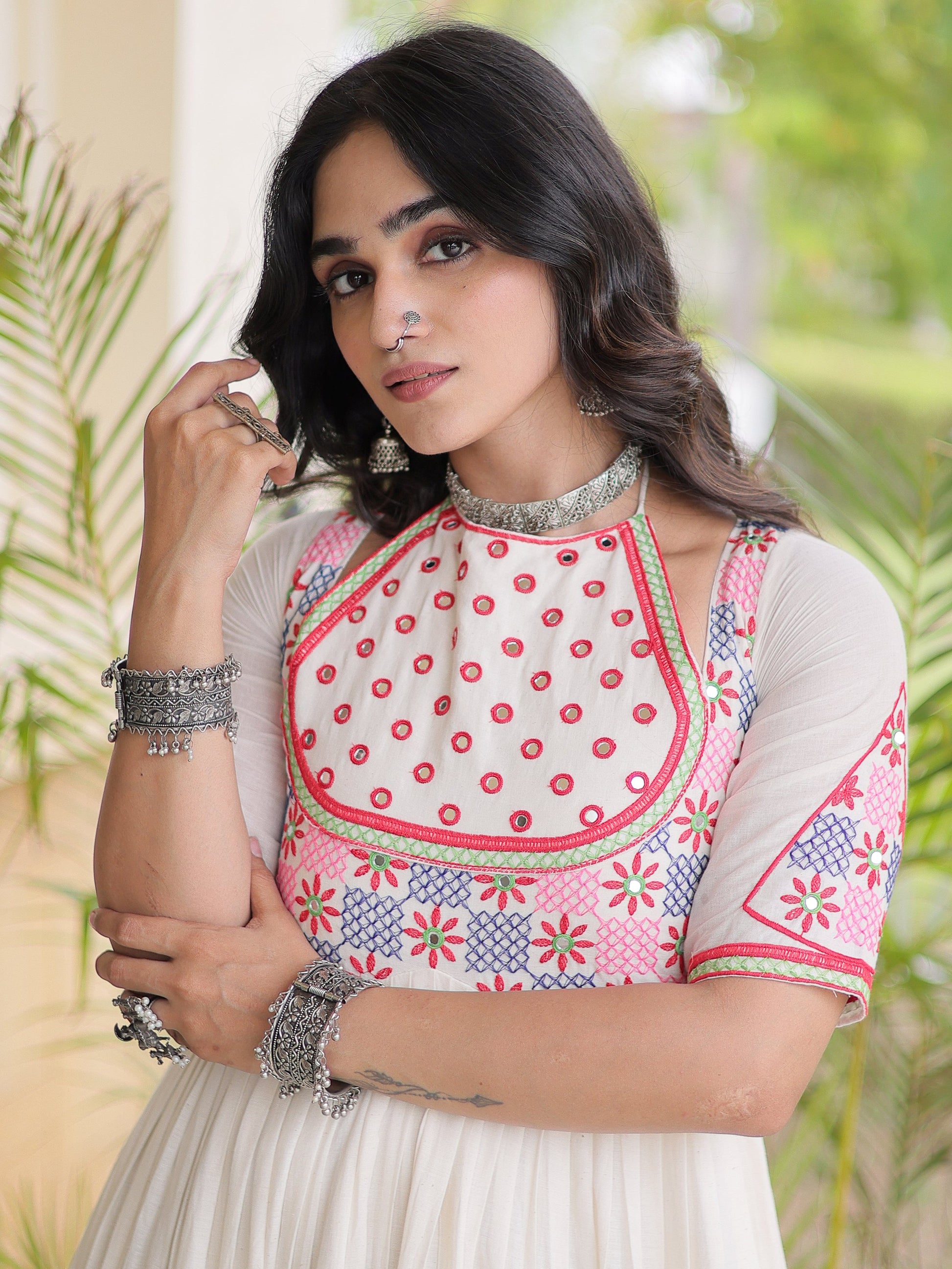 Incredible Off White Thread Embroidered Cotton Navratri Wear Gown