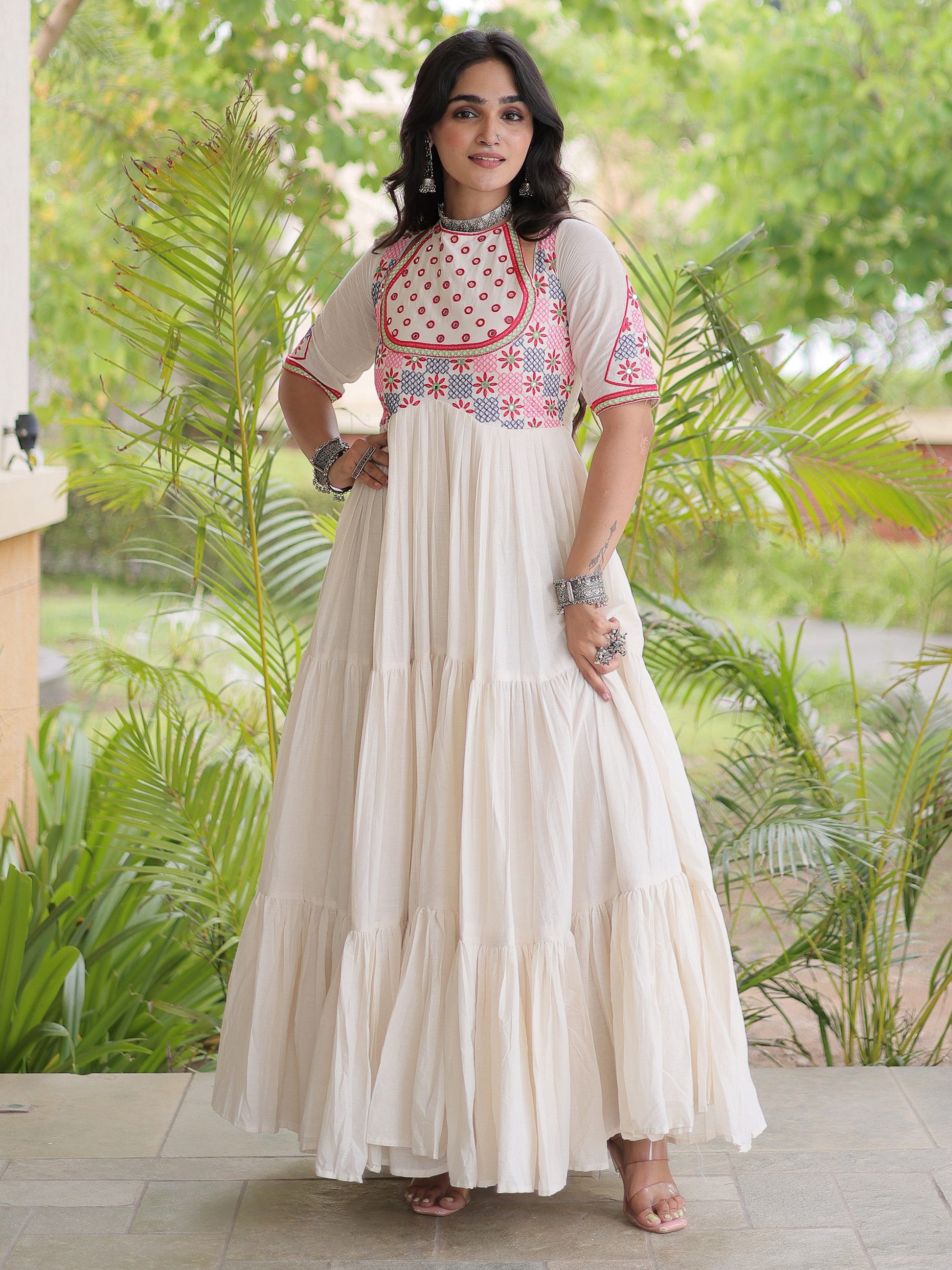 Incredible Off White Thread Embroidered Cotton Navratri Wear Gown