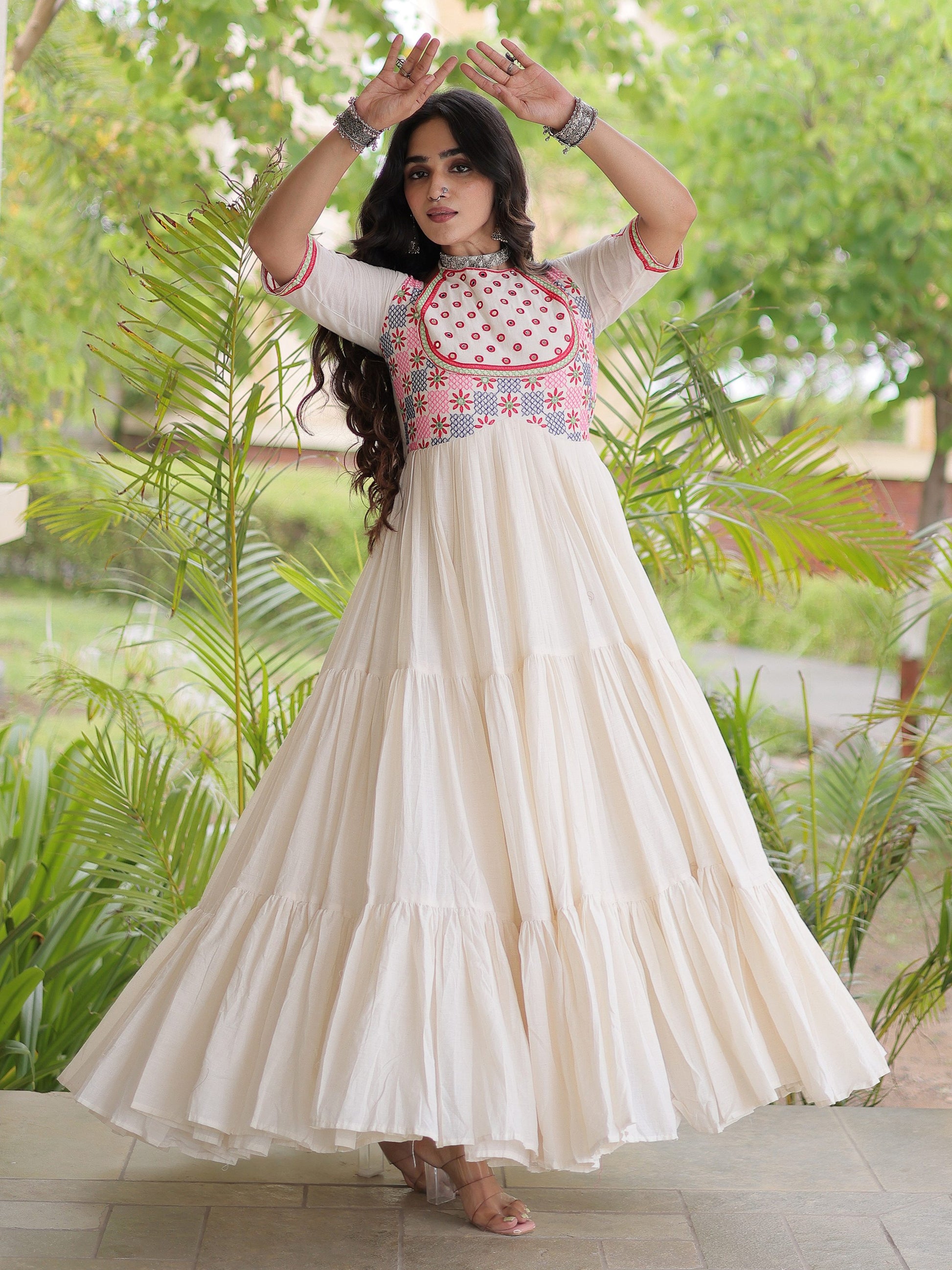Incredible Off White Thread Embroidered Cotton Navratri Wear Gown