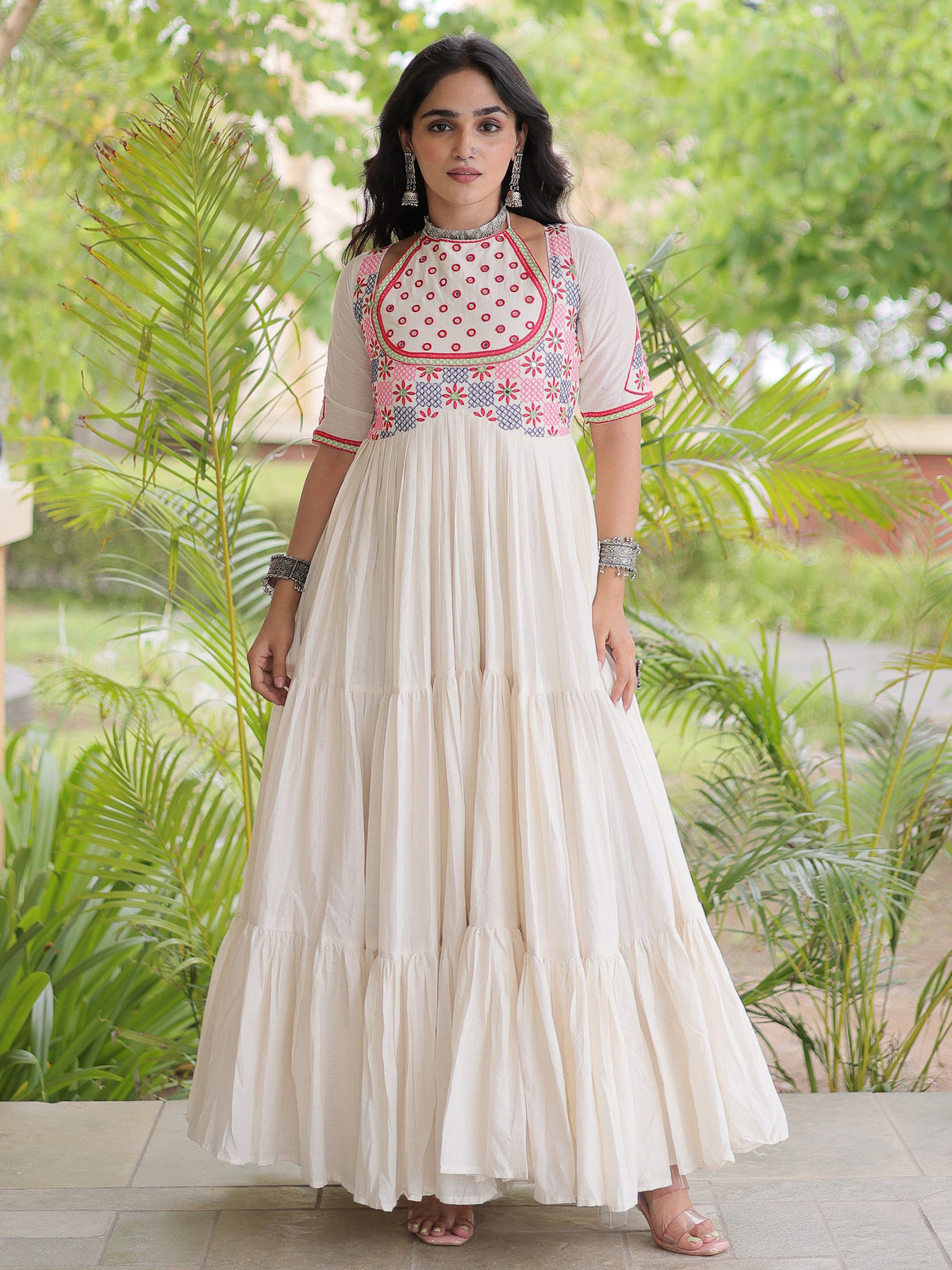 Incredible Off White Thread Embroidered Cotton Navratri Wear Gown