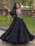 Enchanting Black Mirror Work Rayon Navratri Wear Gown