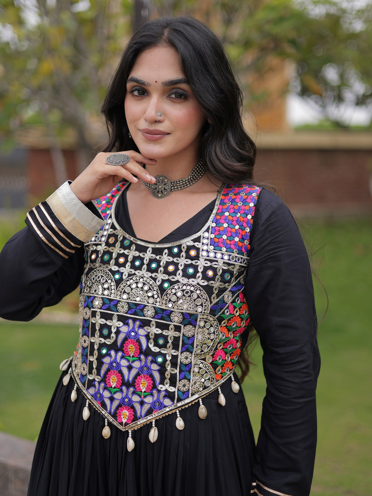 Enchanting Black Mirror Work Rayon Navratri Wear Gown
