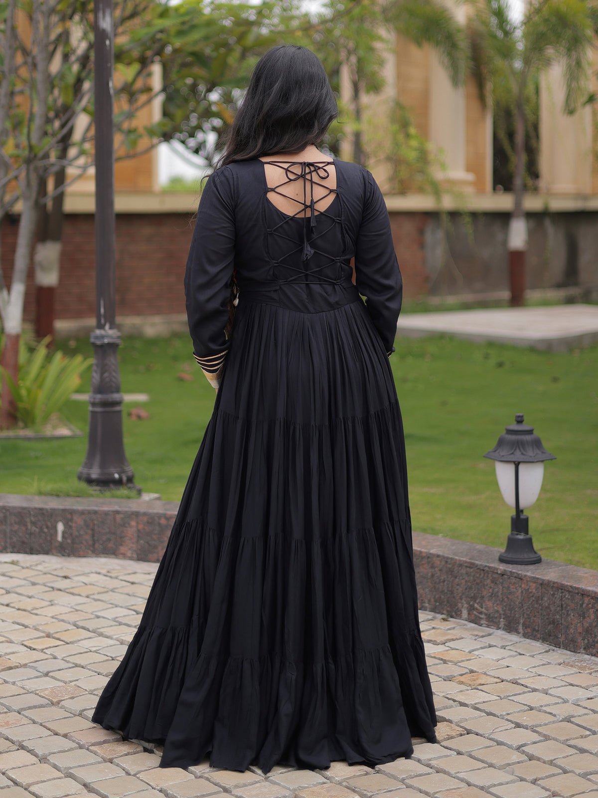 Enchanting Black Mirror Work Rayon Navratri Wear Gown