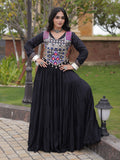 Enchanting Black Mirror Work Rayon Navratri Wear Gown