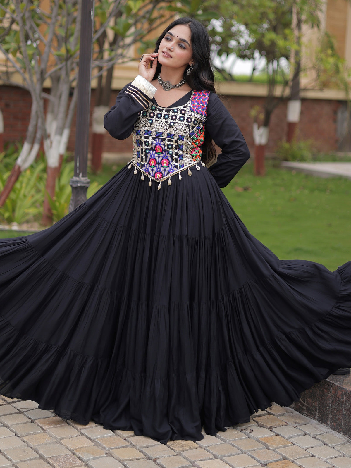 Enchanting Black Mirror Work Rayon Navratri Wear Gown