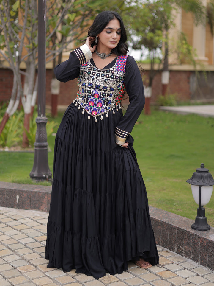 Enchanting Black Mirror Work Rayon Navratri Wear Gown