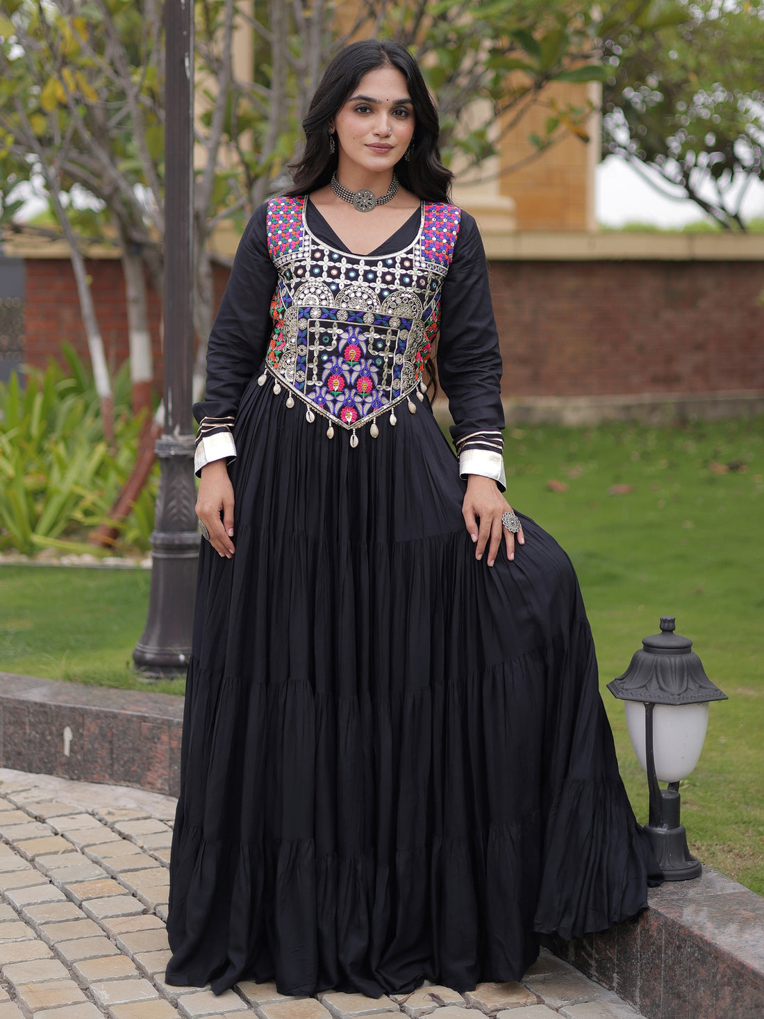Enchanting Black Mirror Work Rayon Navratri Wear Gown