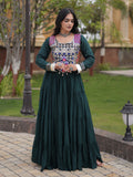 Regal Bottle Green Mirror Work Rayon Navratri Wear Gown