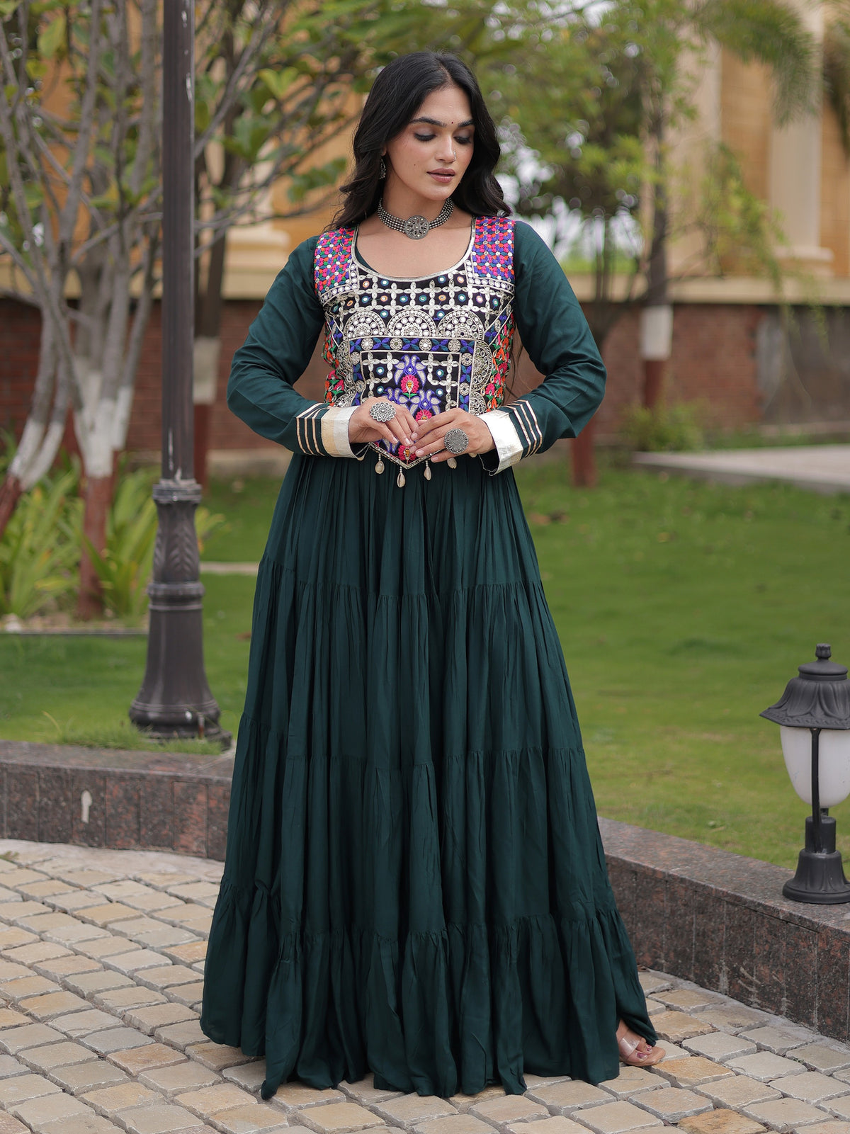 Regal Bottle Green Mirror Work Rayon Navratri Wear Gown
