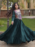 Regal Bottle Green Mirror Work Rayon Navratri Wear Gown