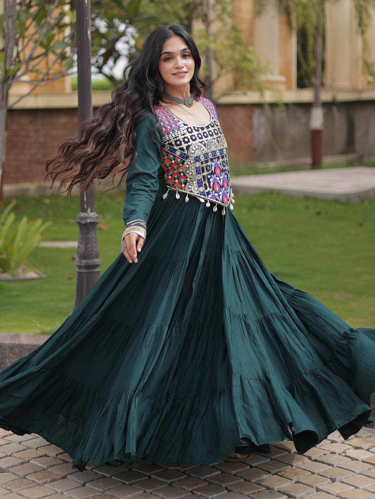 Regal Bottle Green Mirror Work Rayon Navratri Wear Gown
