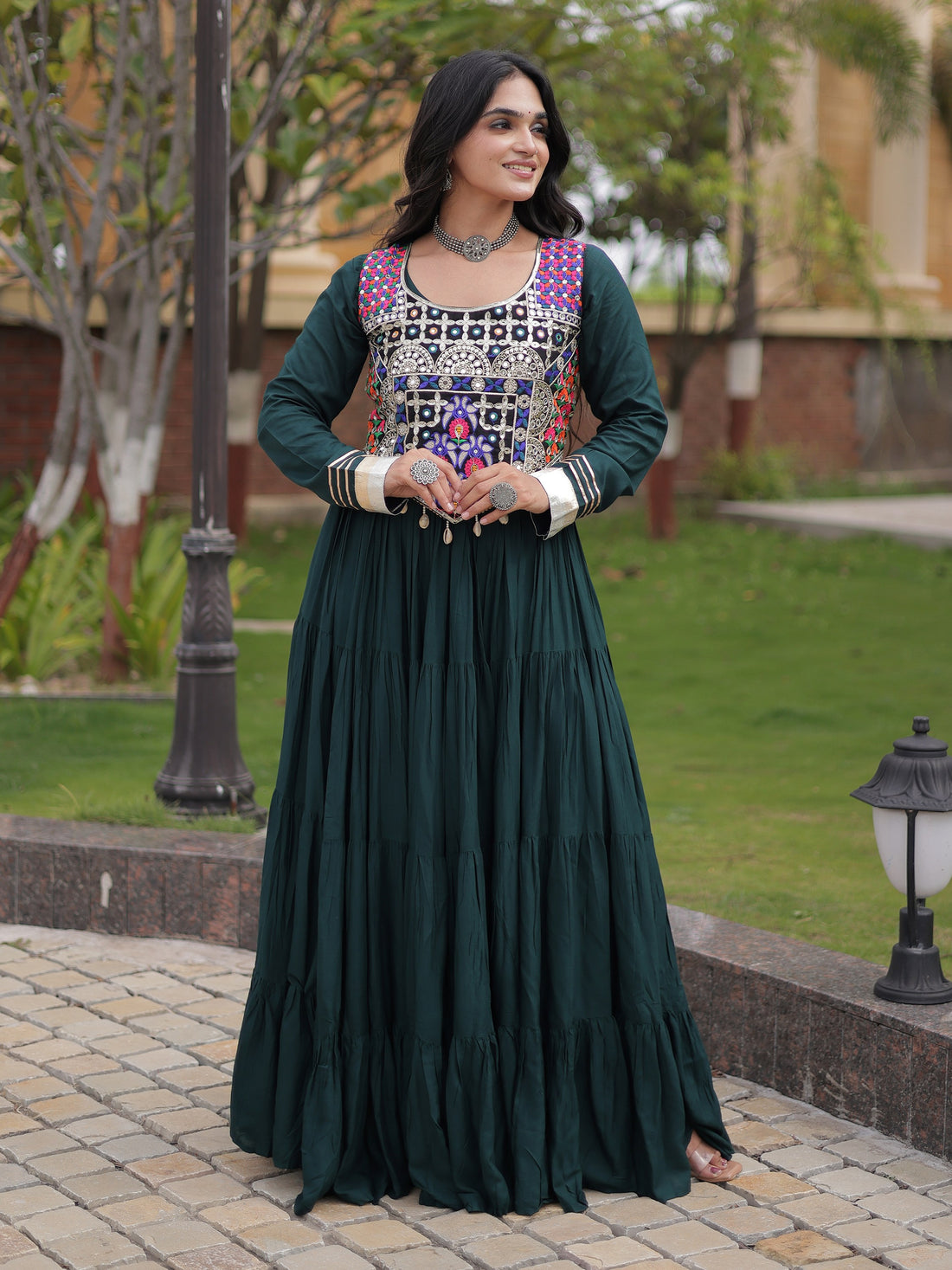 Regal Bottle Green Mirror Work Rayon Navratri Wear Gown