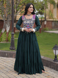 Regal Bottle Green Mirror Work Rayon Navratri Wear Gown
