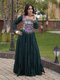 Regal Bottle Green Mirror Work Rayon Navratri Wear Gown
