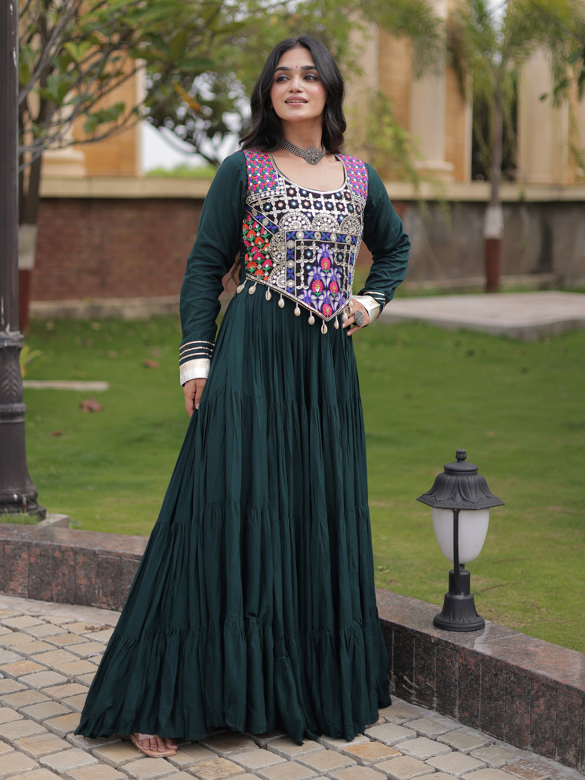 Regal Bottle Green Mirror Work Rayon Navratri Wear Gown