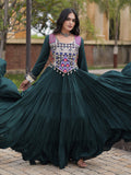 Regal Bottle Green Mirror Work Rayon Navratri Wear Gown