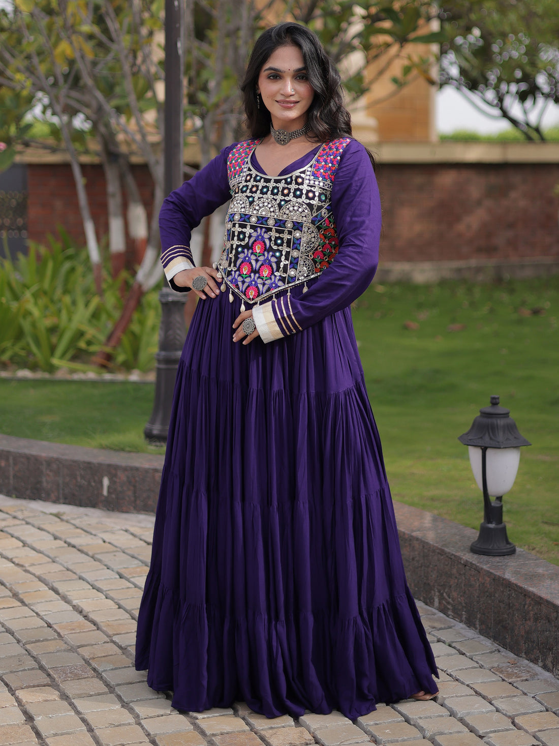 Grand Purple Thread Embroidered Rayon Navratri Wear Gown