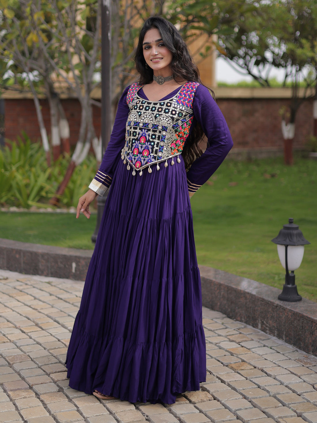 Grand Purple Thread Embroidered Rayon Navratri Wear Gown