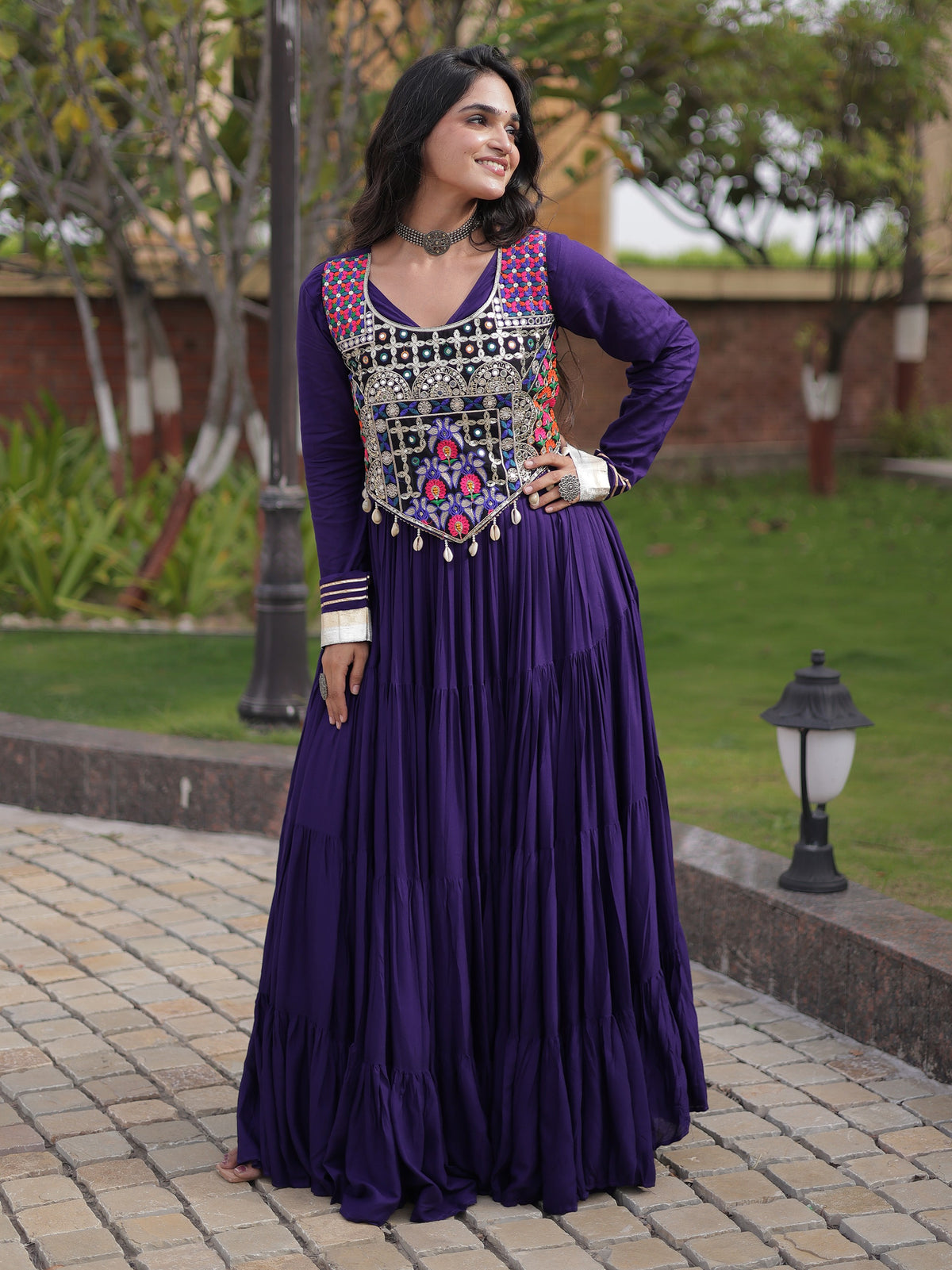 Grand Purple Thread Embroidered Rayon Navratri Wear Gown