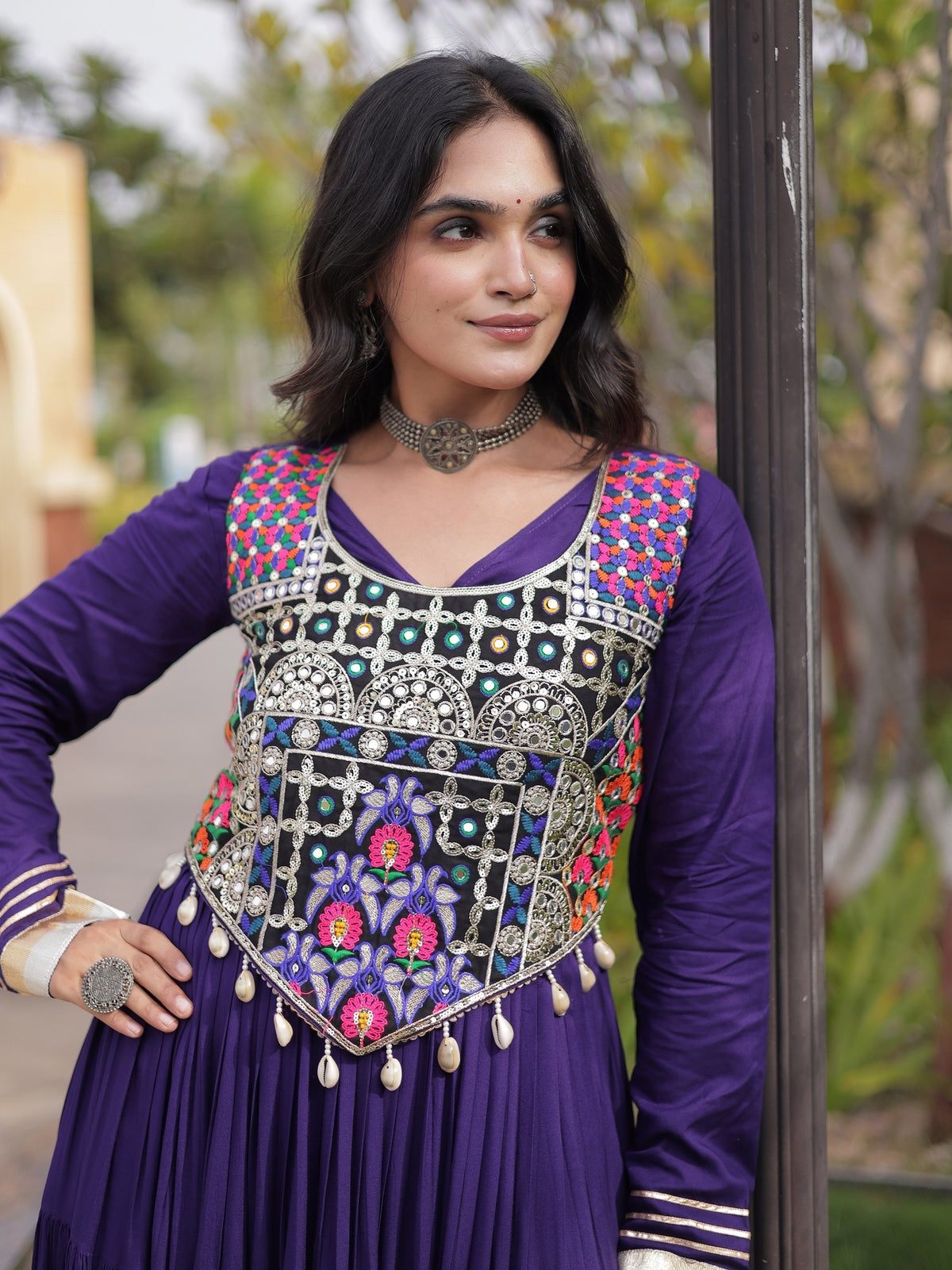 Grand Purple Thread Embroidered Rayon Navratri Wear Gown